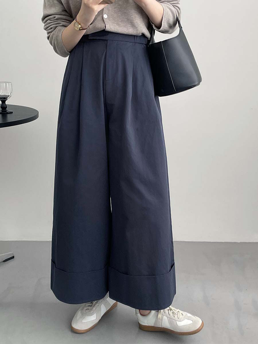 「身長148cm向け」秋ロールアップゴムハイウエストワイドパンツ-Sodemai