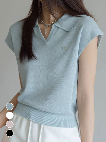上品なポロ襟半袖ニットトップス