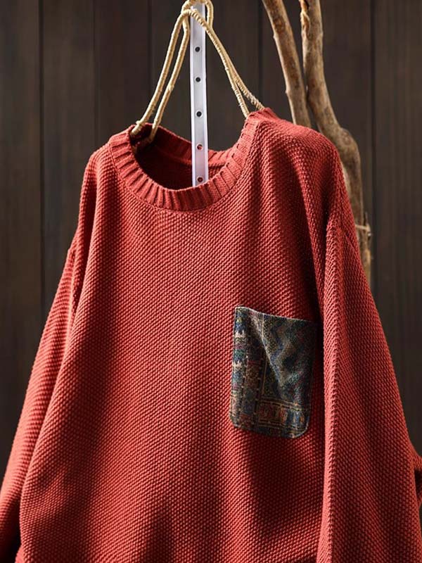 ヴィンテージゆったりクルーネック花柄パッチポケット付きコットンニットセーター-Sodemai