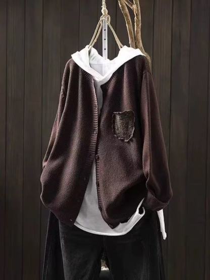 レースポケット付きゆったりニットカーディガン-Sodemai
