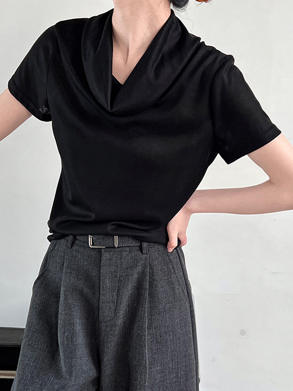 シンプルなデザインくしゅっとネック薄手半袖Tシャツ