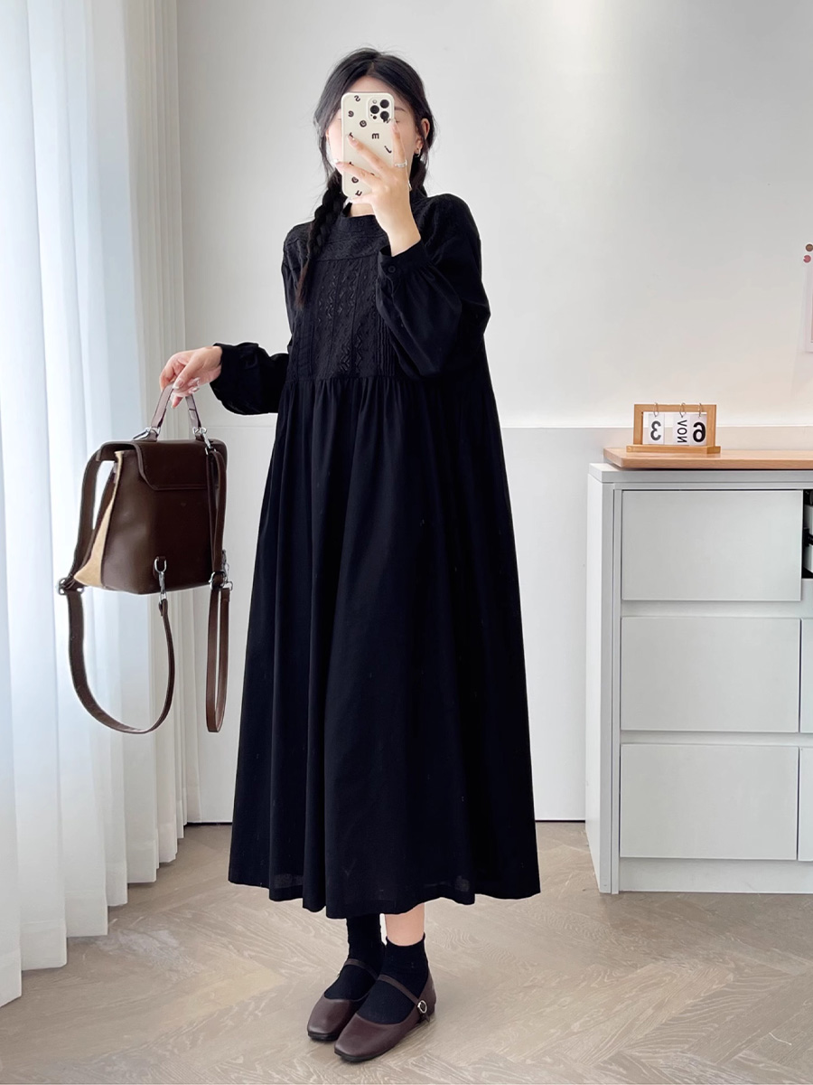 初秋用レトロ風職人技刺繍長袖ワンピース-Sodemai