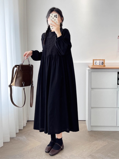 初秋用レトロ風職人技刺繍長袖ワンピース-Sodemai