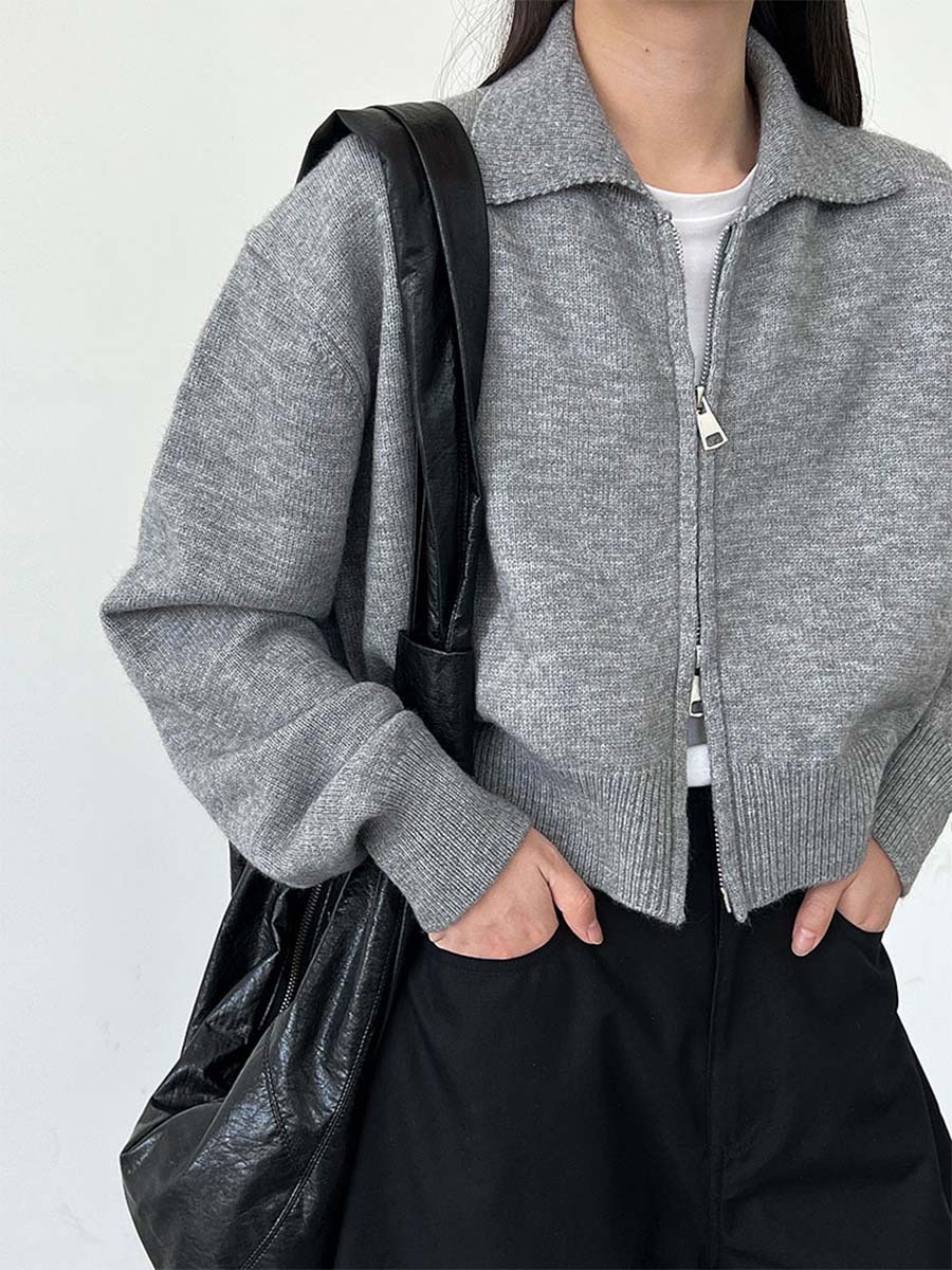 ニットポロ襟ショート丈ダブルジッパーヘッドアウター-Sodemai