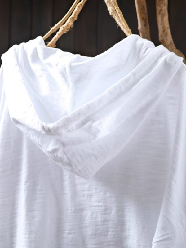 ゆったりフード付きスラブコットン長袖Tシャツ-Sodemai