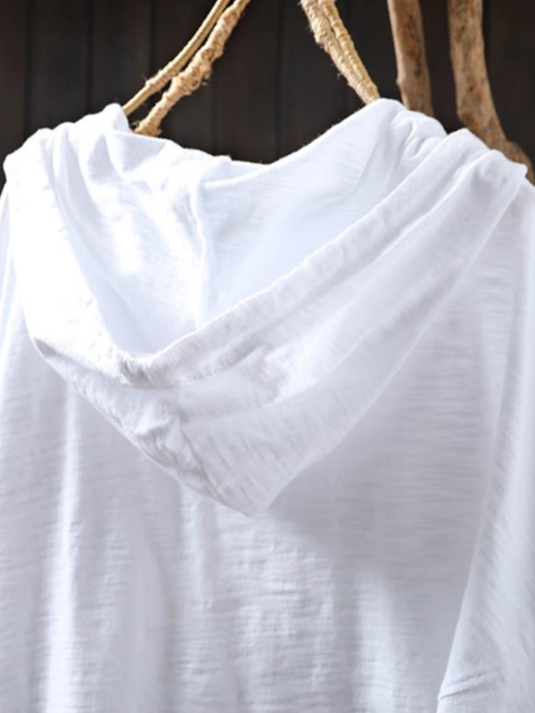 ゆったりフード付きスラブコットン長袖Tシャツ-Sodemai