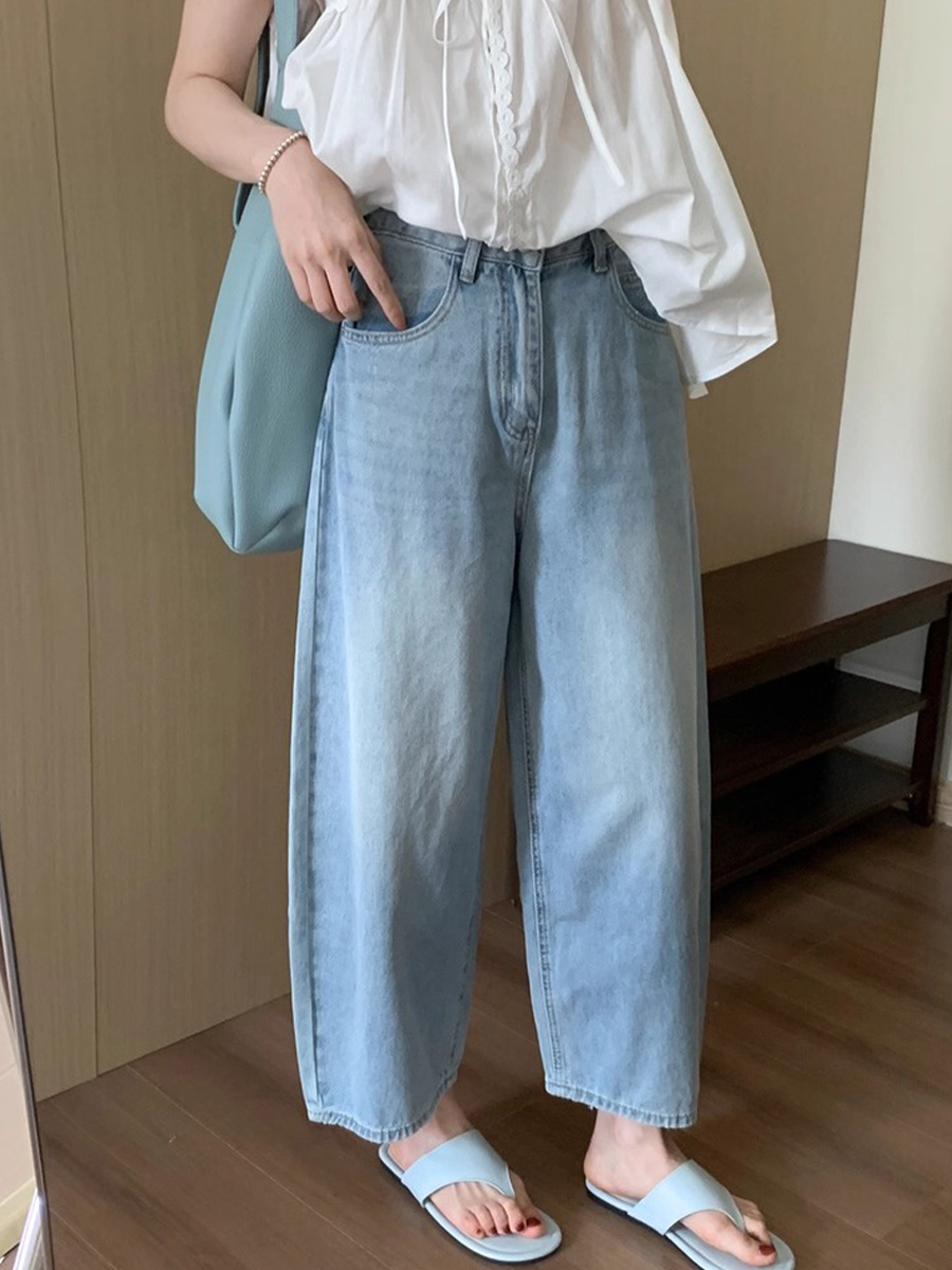 「身長145～160cm向け」小柄さん向けハイウエストゆったりデニムバナナパンツ-Sodemai