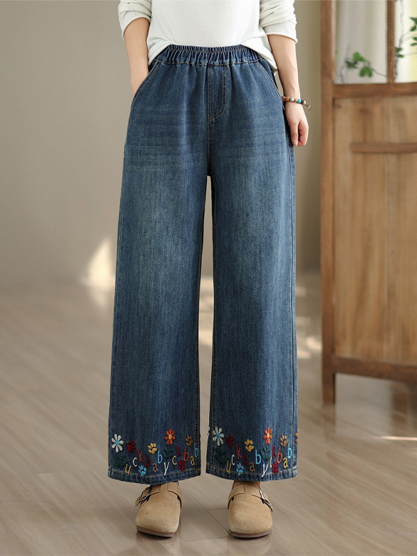「身長145～160cm向け」レトロ刺繍入りワイドデニムパンツ-Sodemai