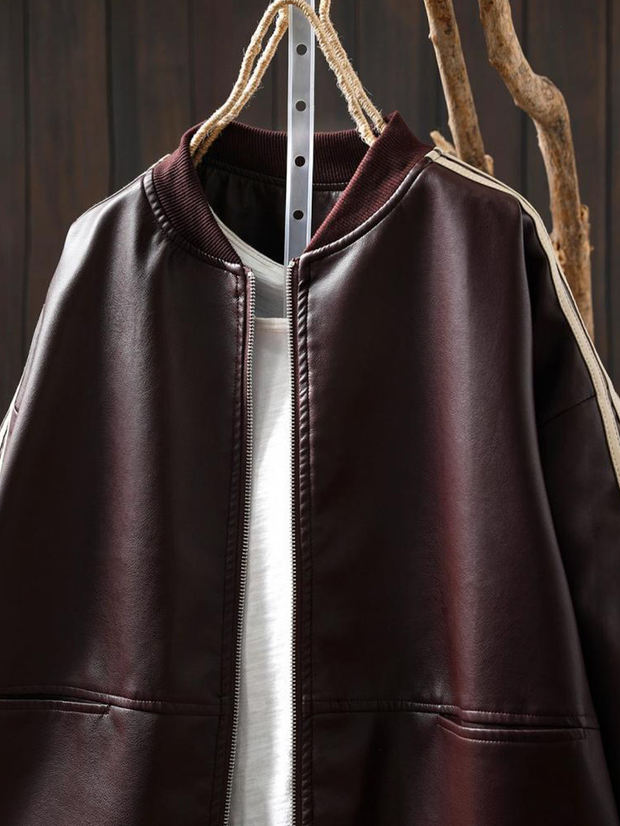 細見えジップアップPUレザージャケット-Sodemai