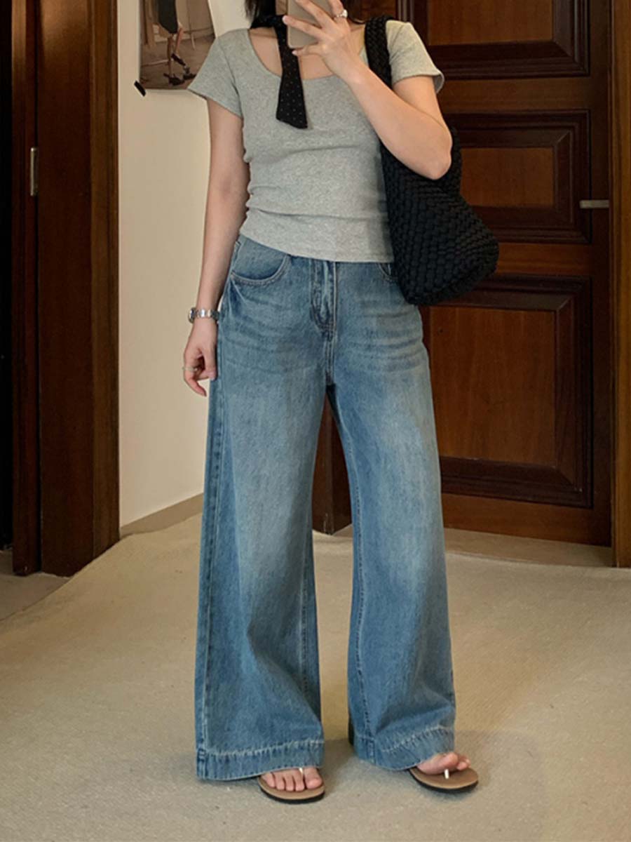 「身長150cm向け」春秋向けハイウエストストレートワイドデニムパンツ-Sodemai