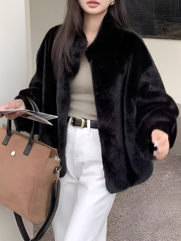 冬向けフェイクミンクファースタンドカラージャケット-Sodemai