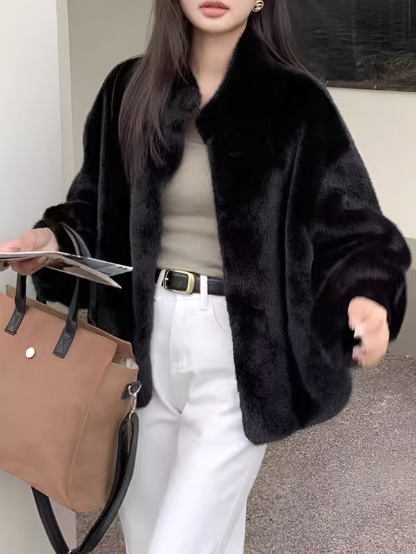 冬向けフェイクミンクファースタンドカラージャケット-Sodemai