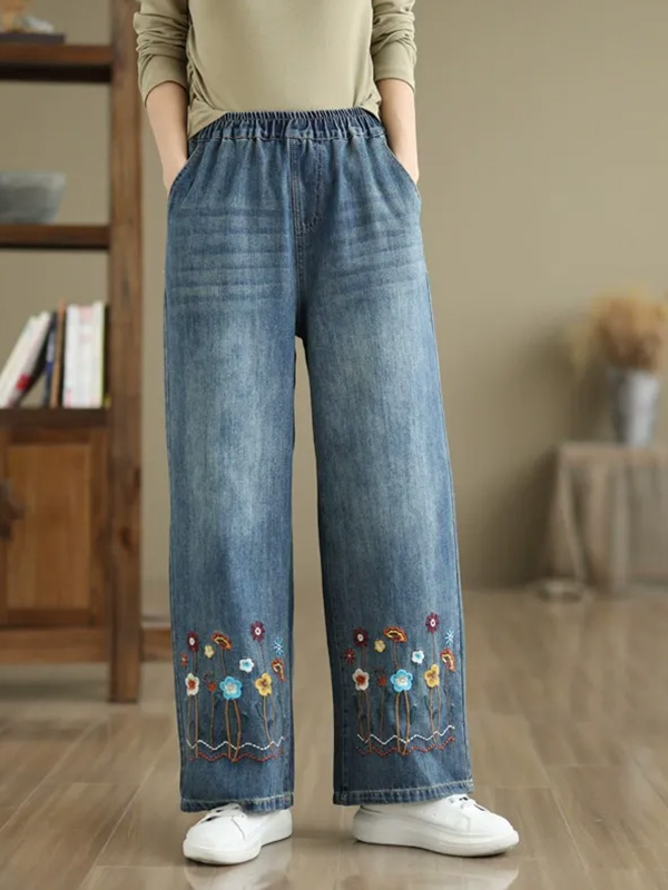 「身長145～160cm向け」レトロ刺繍入りワイドデニムパンツ-Sodemai