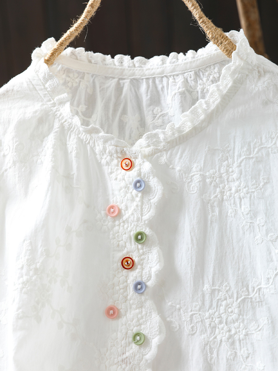 レーストリム刺繍ジャカードカラーボタンコットンブラウス-Sodemai