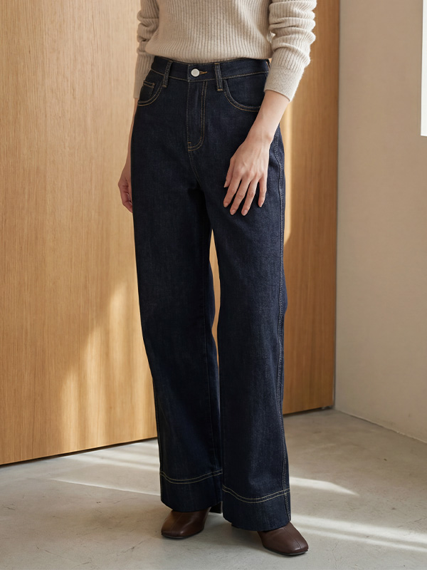 「身長148cm以上向け」小柄さん向け ハイウエストゆったりストレートデニムパンツ