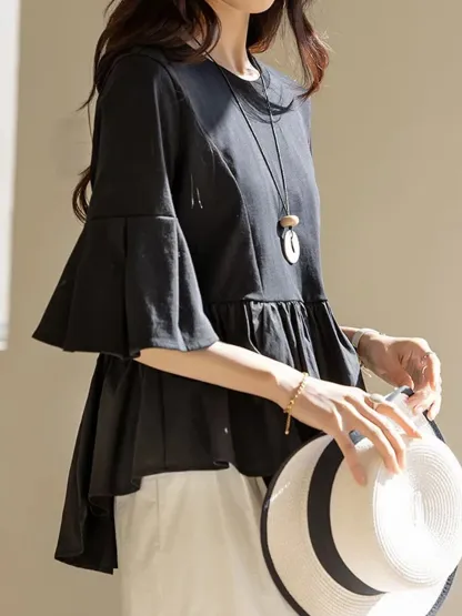 大人カジュアル異素材切り替えデザイン体型カバー半袖Tシャツ