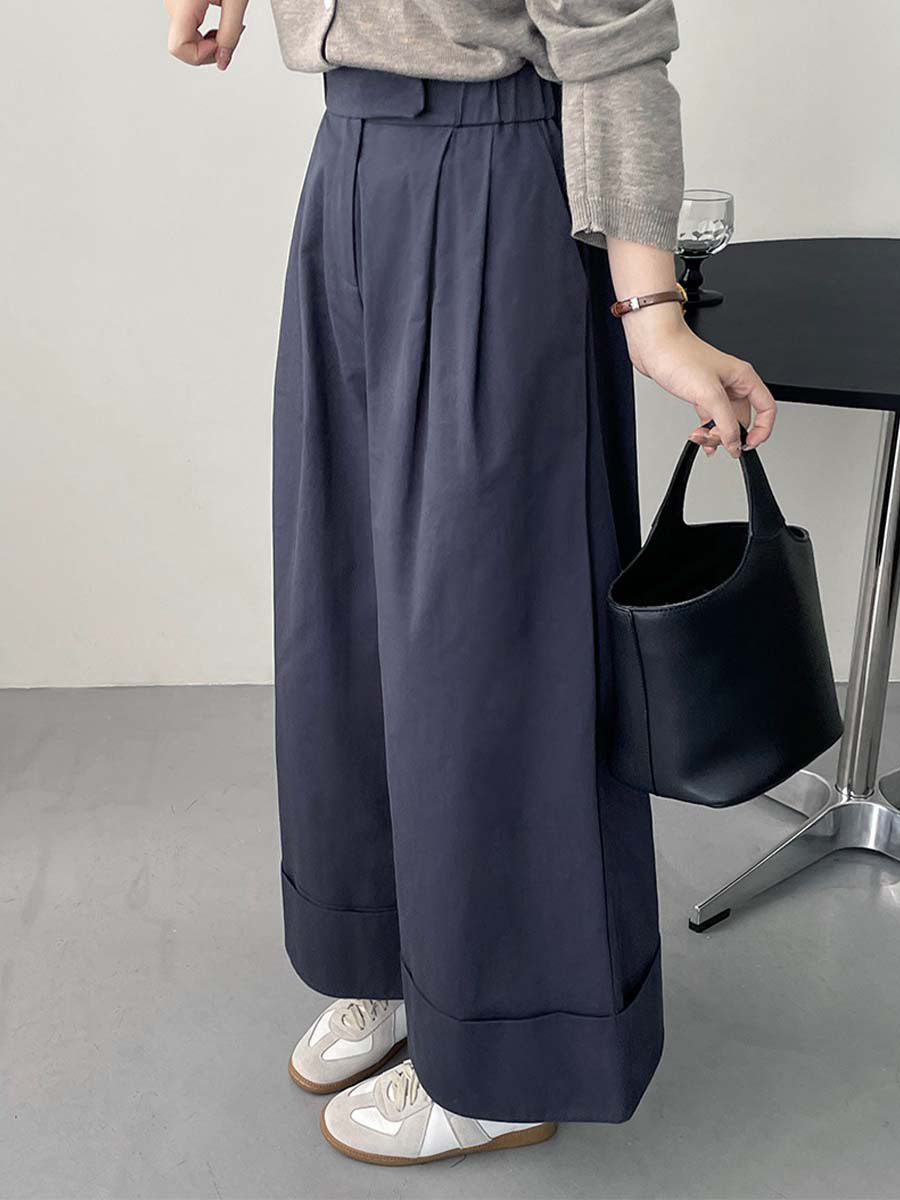 「身長148cm向け」秋ロールアップゴムハイウエストワイドパンツ-Sodemai