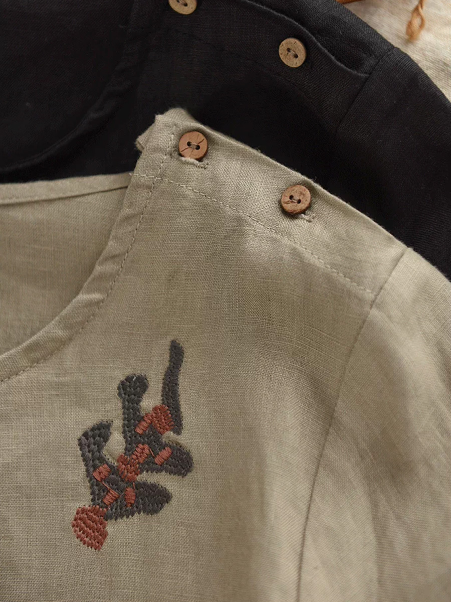 初秋用カジュアル風ハンド刺繍ワンピース-Sodemai