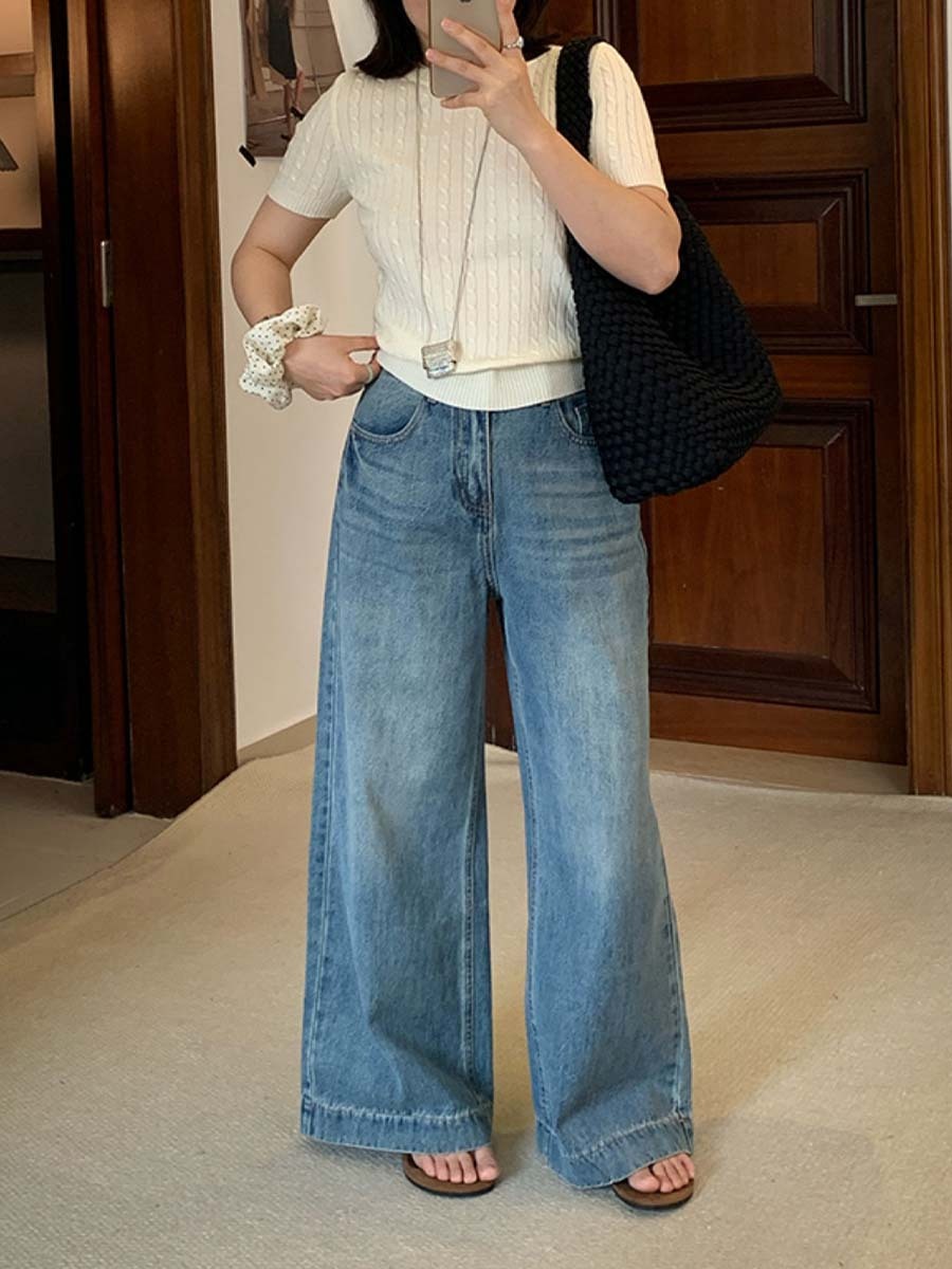 「身長150cm向け」春秋向けハイウエストストレートワイドデニムパンツ-Sodemai