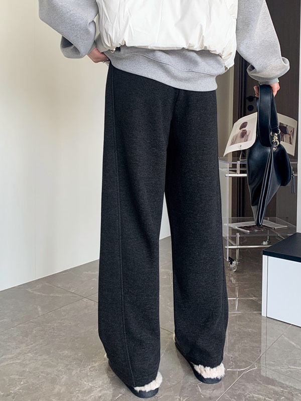「身長150cm向け」秋冬向けハイウエスト裏起毛ウールボアワイドパンツ-Sodemai