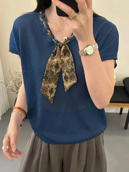 スカーフタイ付きVネックフレンチスリーブ半袖ニット