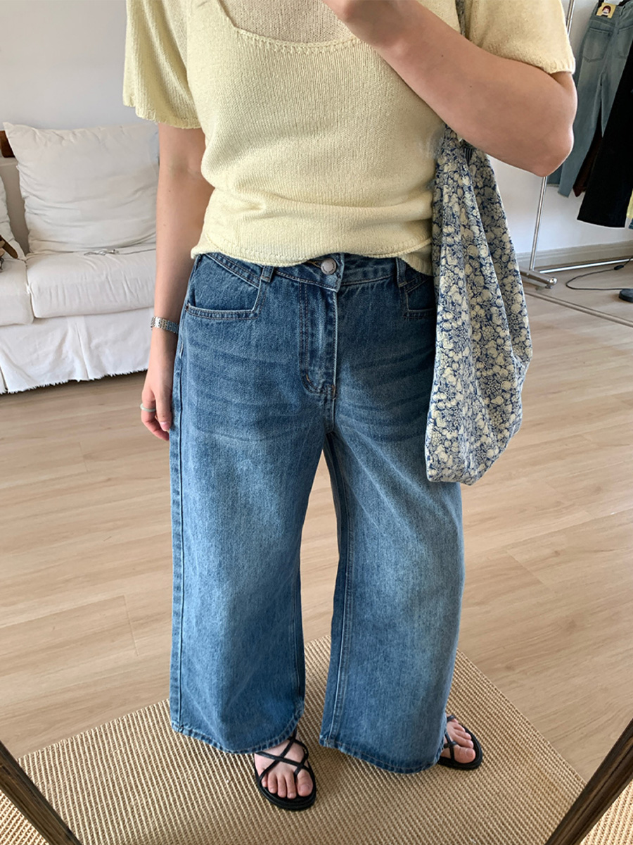 「身長150cm向け」春秋向けハイウエストストレートワイドデニムパンツ-Sodemai
