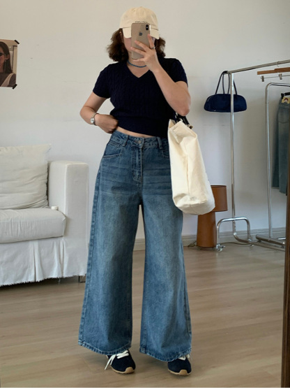 「身長150cm向け」春秋向けハイウエストストレートワイドデニムパンツ-Sodemai