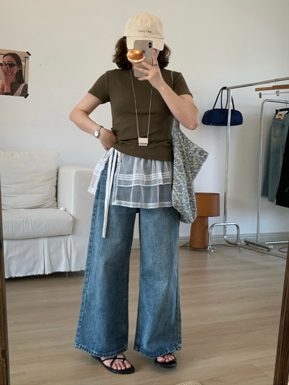 「身長150cm向け」春秋向けハイウエストストレートワイドデニムパンツ-Sodemai