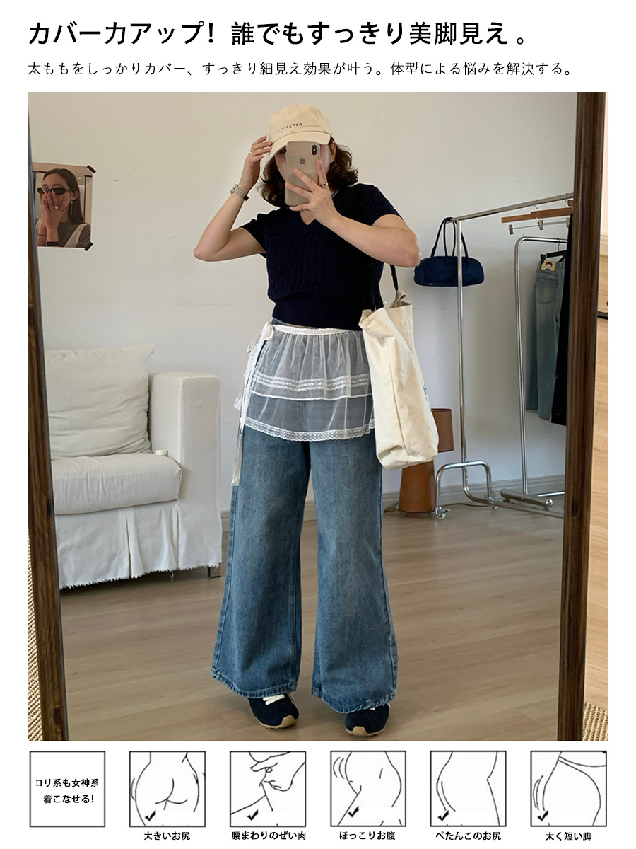 「身長150cm向け」春秋向けハイウエストストレートワイドデニムパンツ-Sodemai