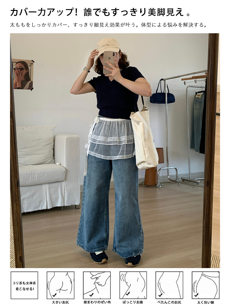 「身長150cm向け」春秋向けハイウエストストレートワイドデニムパンツ-Sodemai