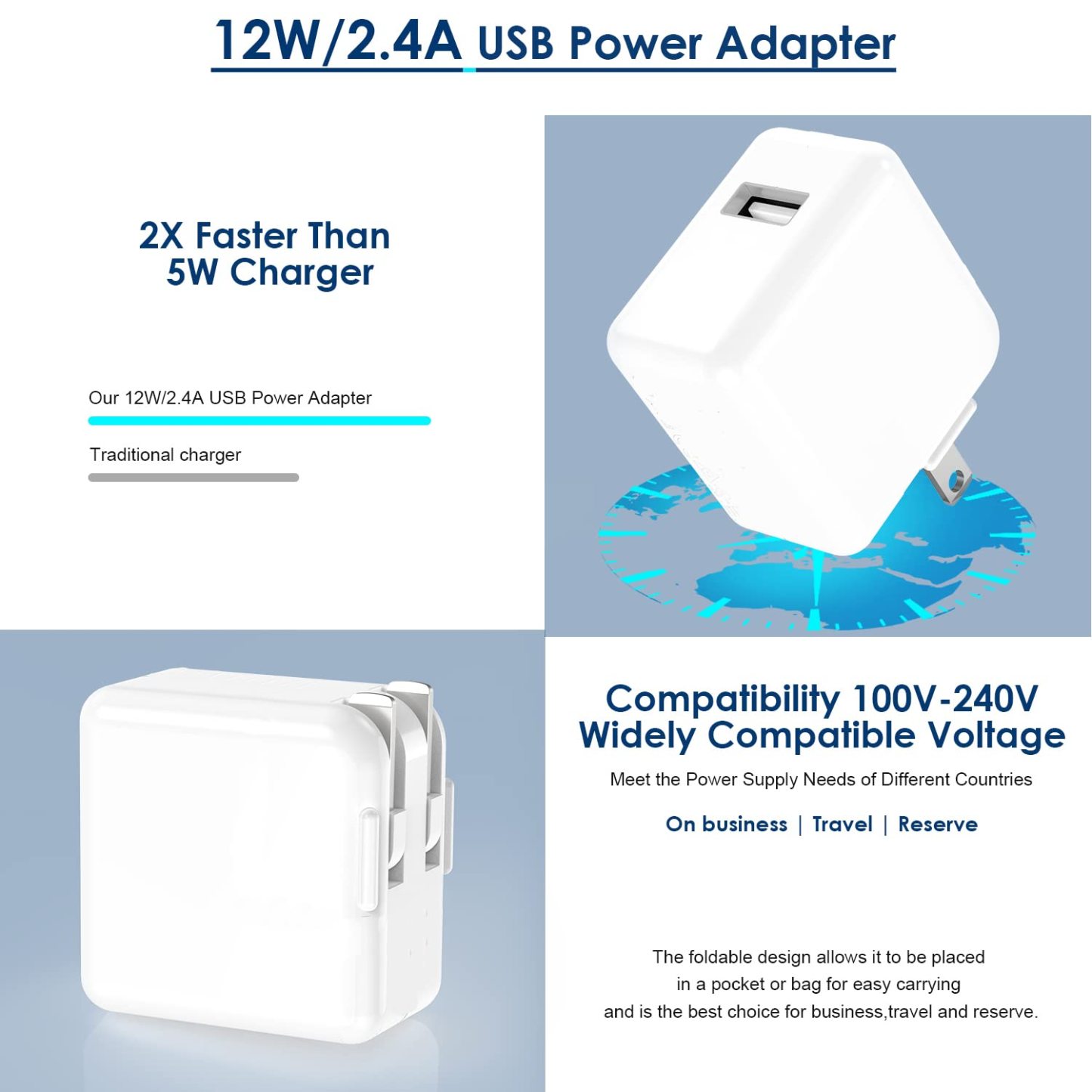 Charger Cord 10 FT MFI Certified, 12W USB Wall Charger Foldable Portable Travel Plug with Long Lightning