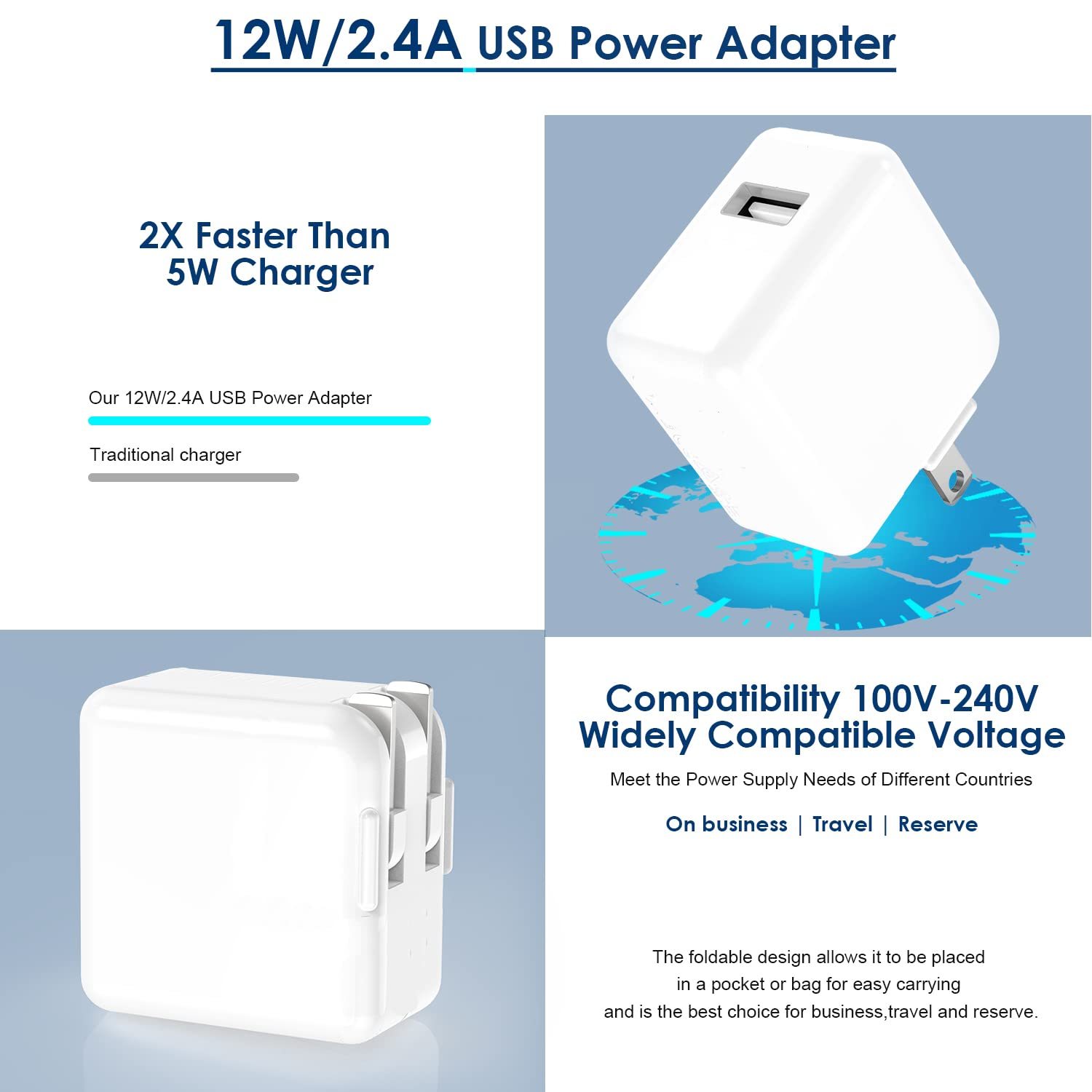 Charger Cord 10 FT MFI Certified, 12W USB Wall Charger Foldable Portable Travel Plug with Long Lightning