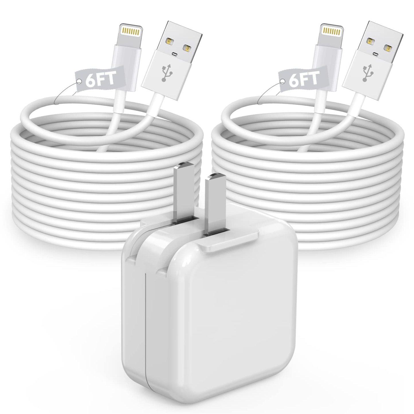 12W USB Power Adapter Foldable Portable Travel Plug with 2Pack MFi Certified 6FT