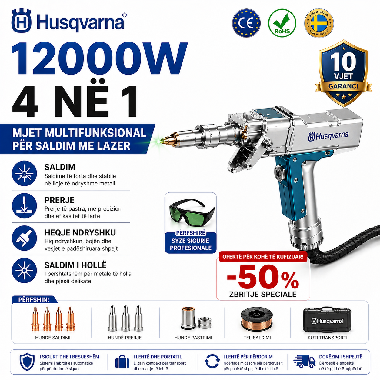 [Pistoleta e parë lazer 4-në-1 në botë] Pistoleta lazer shumëfunksionale Husqvarna 12000W