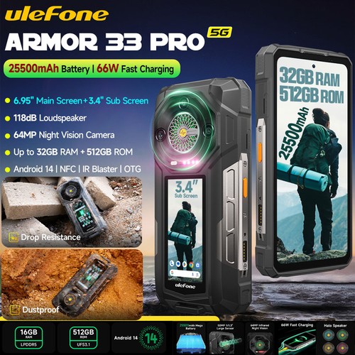 Ulefone Armor 33 Pro 5G Robusni telefon s dva zaslona, ​​6,95-inčni FHD 120Hz + 3,4-inčni zaslon, 25500 mAh (66 W), 32 GB + 512 GB, 50 MP + 50 MP + 64 MP + 32 MP, Infinite Halo, zvučnik od 118 dB, Android 14, NFC robusni pametni telefon