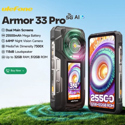 Ulefone Armor 33 Pro 5G Robusni telefon s dva zaslona, ​​6,95-inčni FHD 120Hz + 3,4-inčni zaslon, 25500 mAh (66 W), 32 GB + 512 GB, 50 MP + 50 MP + 64 MP + 32 MP, Infinite Halo, zvučnik od 118 dB, Android 14, NFC robusni pametni telefon