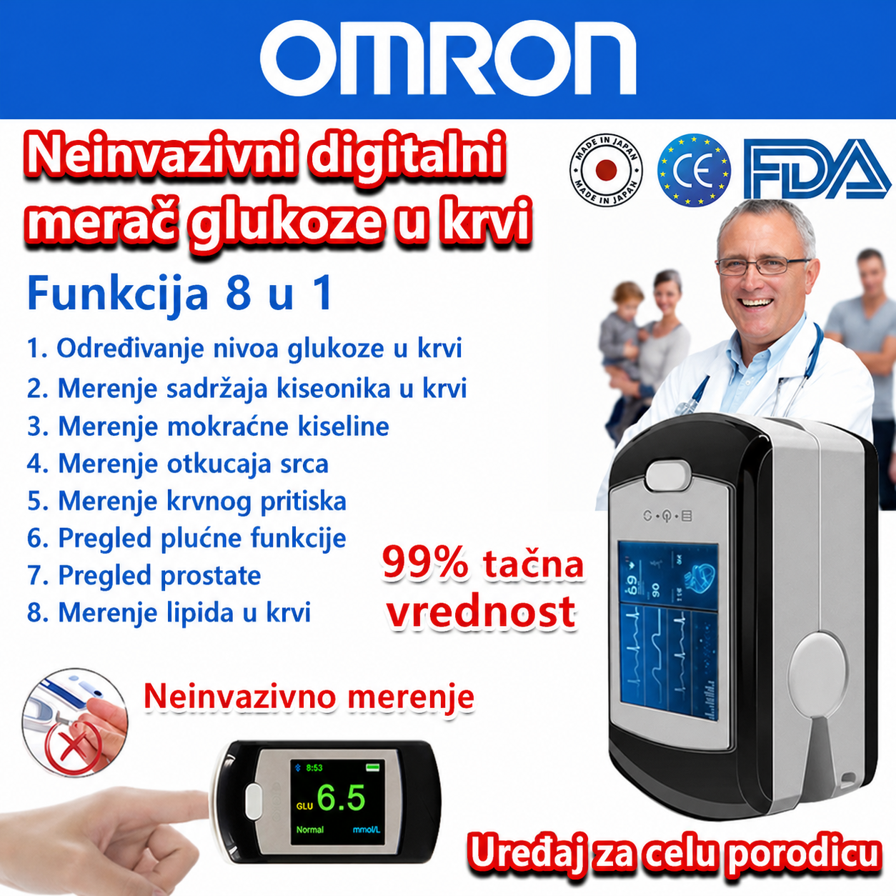 OMRON 10 u 1 neinvazivni merač glukoze u krvi – brzo merenje bez uboda, za kućnu upotrebu
