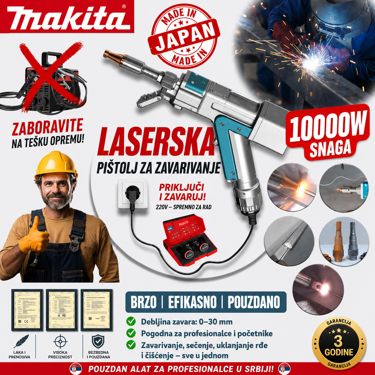 Makita 10000W 4 u 1 višenamenski prenosni laserski pištolj za zavarivanje
