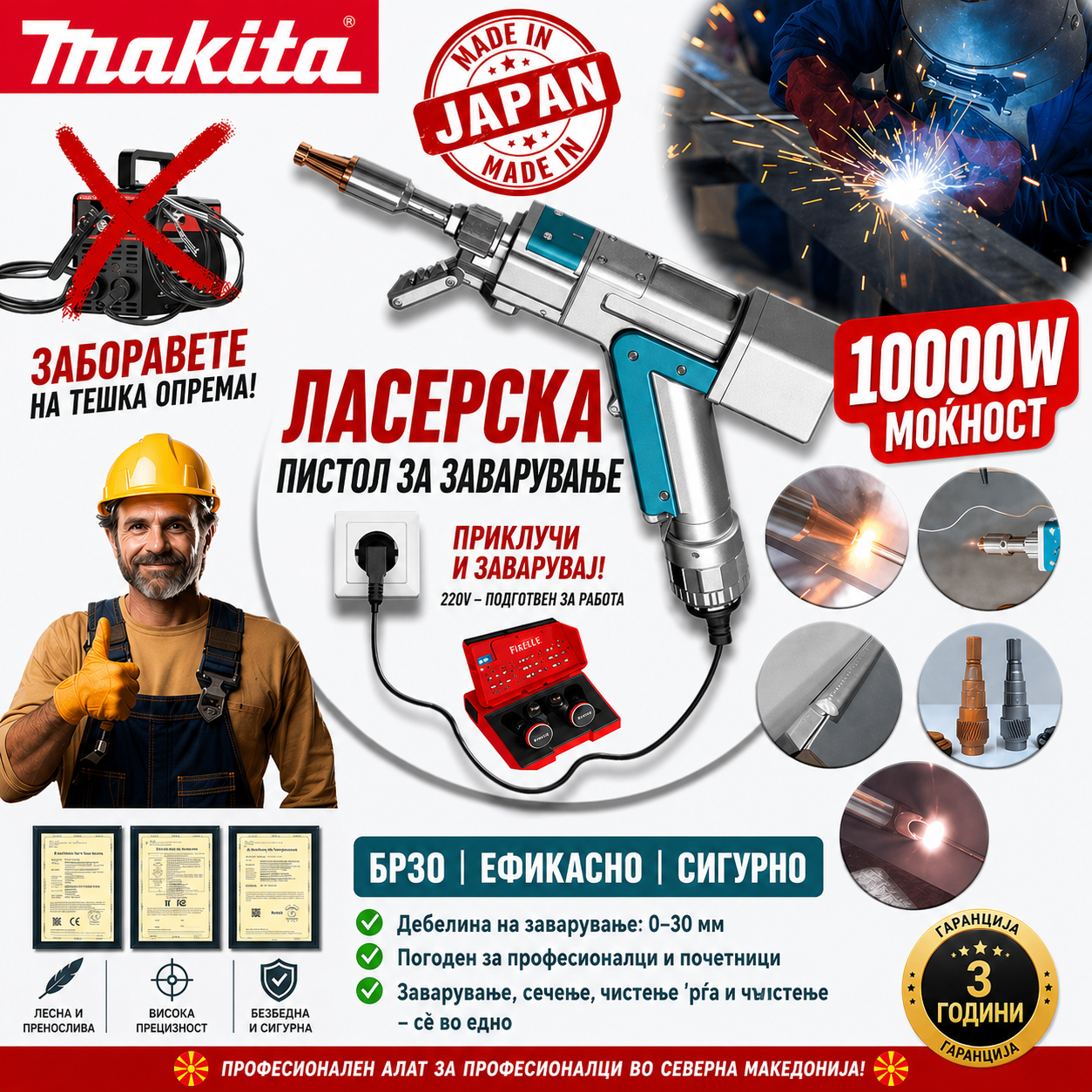 Makita 10000W 4 во 1 повеќенаменски преносен ласерски пиштол за заварување
