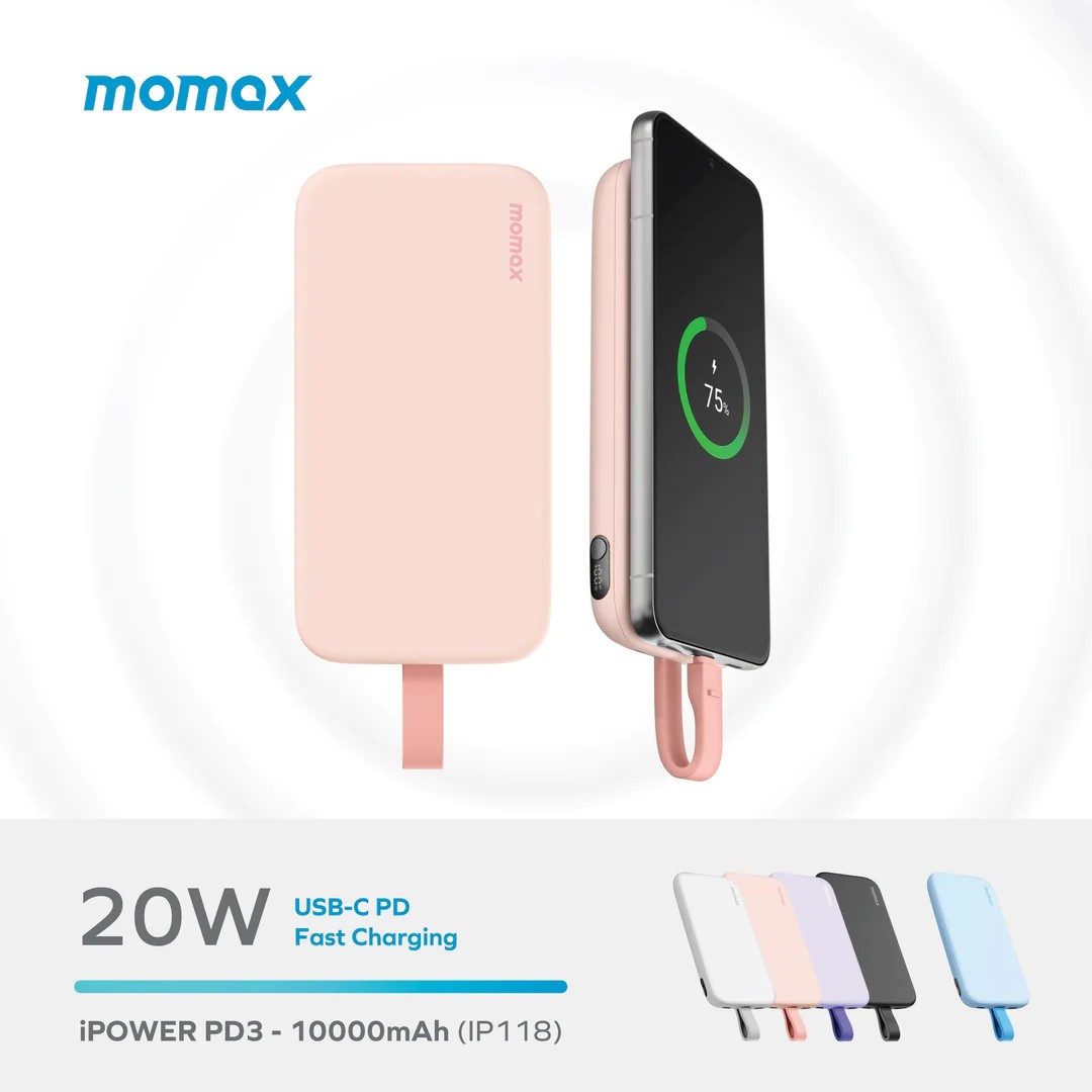 Momax iPower PD 3 內置USB-C線流動電源 10000mAh 手機充電寶 迷你尿袋 PD快充 輕薄便攜 白色 澳門保養
