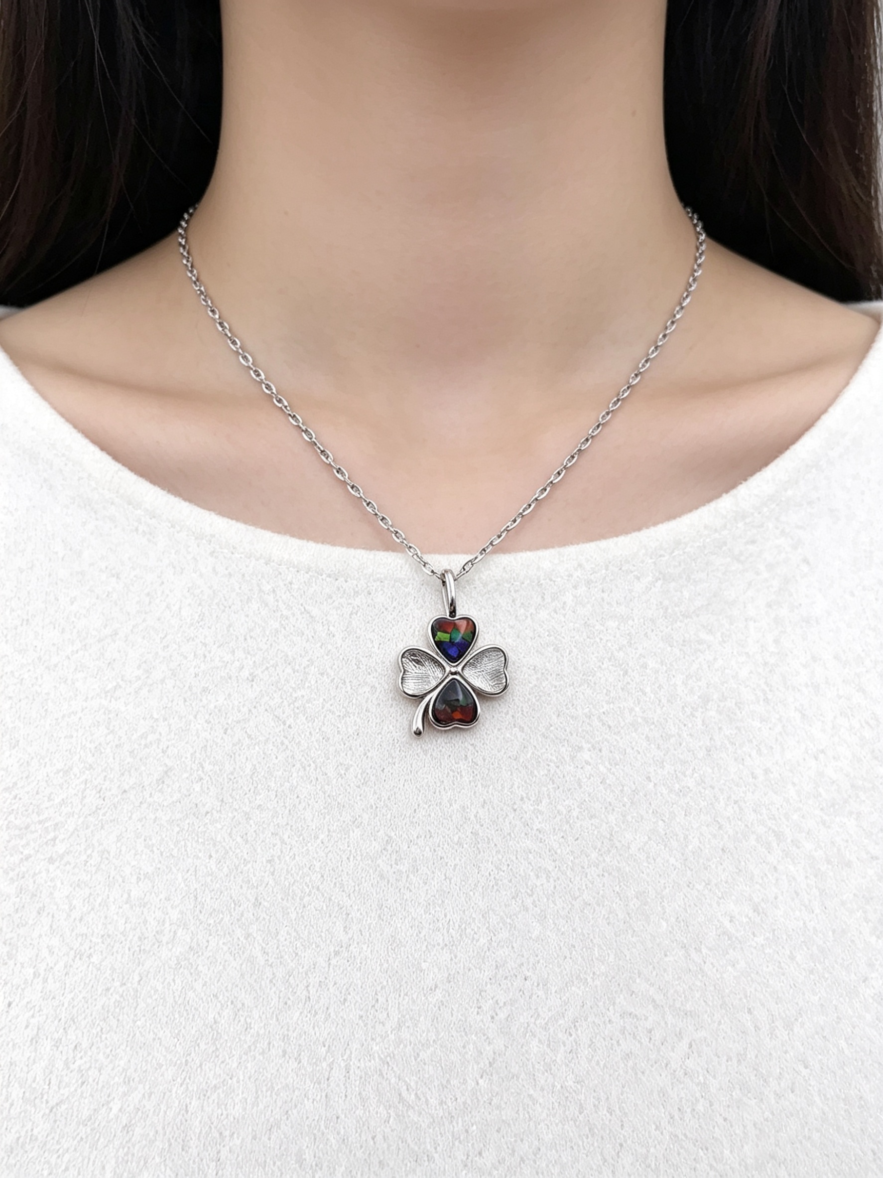 Meteorite and Canada Ammolite Clover Love Stitching Pendant - White Gold