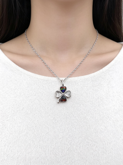 Meteorite and Canada Ammolite Clover Love Stitching Pendant - White Gold