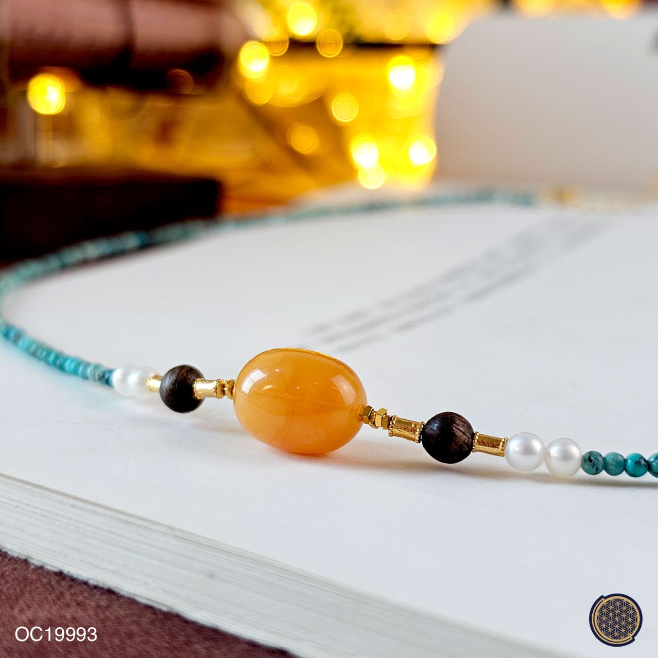 Turquoise with Beeswax Amber Design Necklace with Hook
