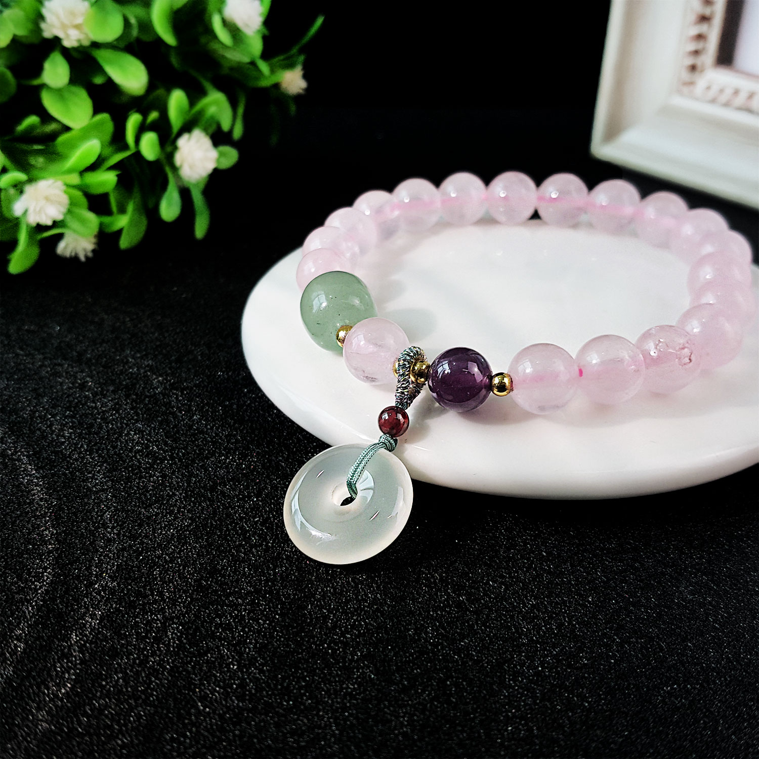 24 Jun - Rose Quartz with White Agate Peace Buckle Design Bracelet