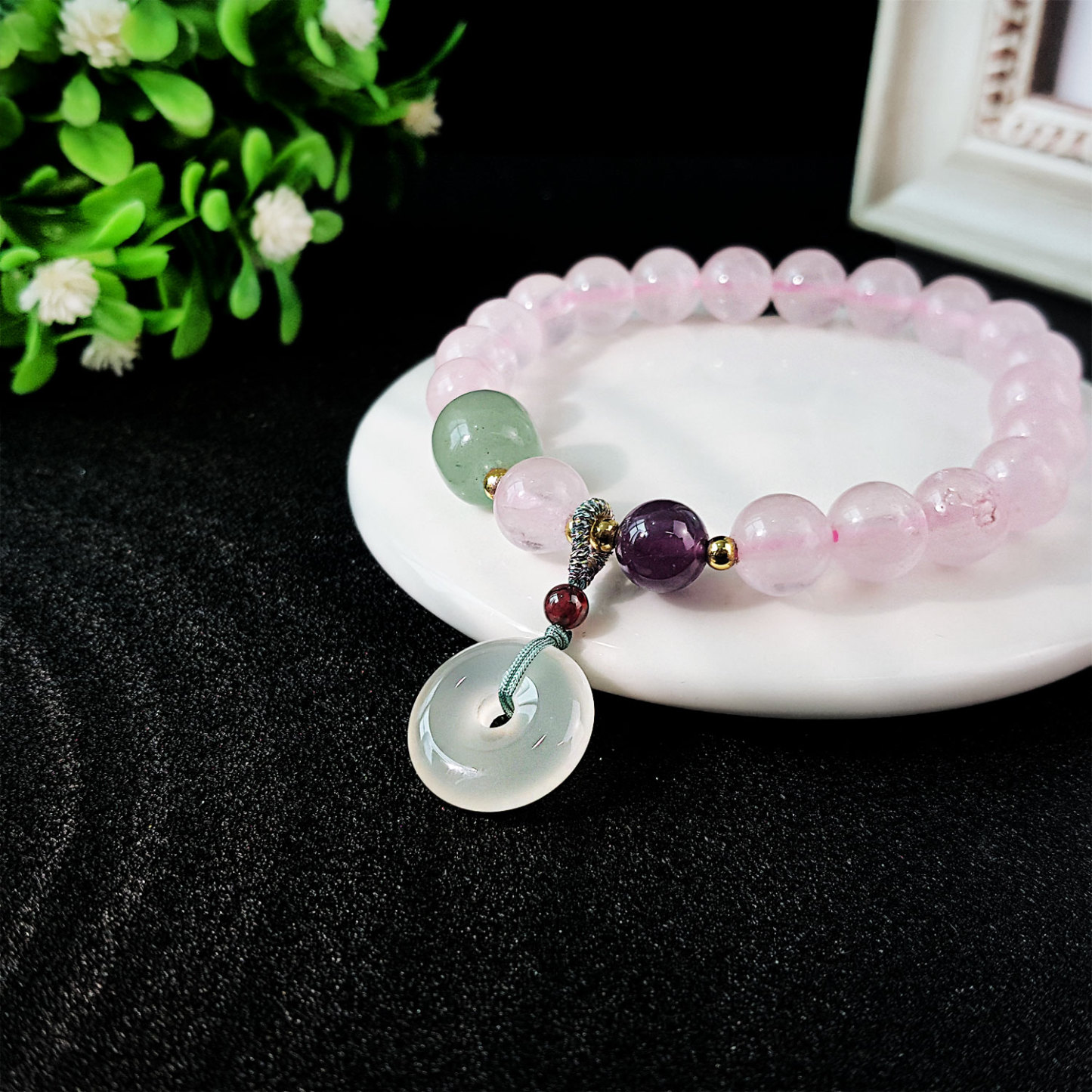 24 Jun - Rose Quartz with White Agate Peace Buckle Design Bracelet