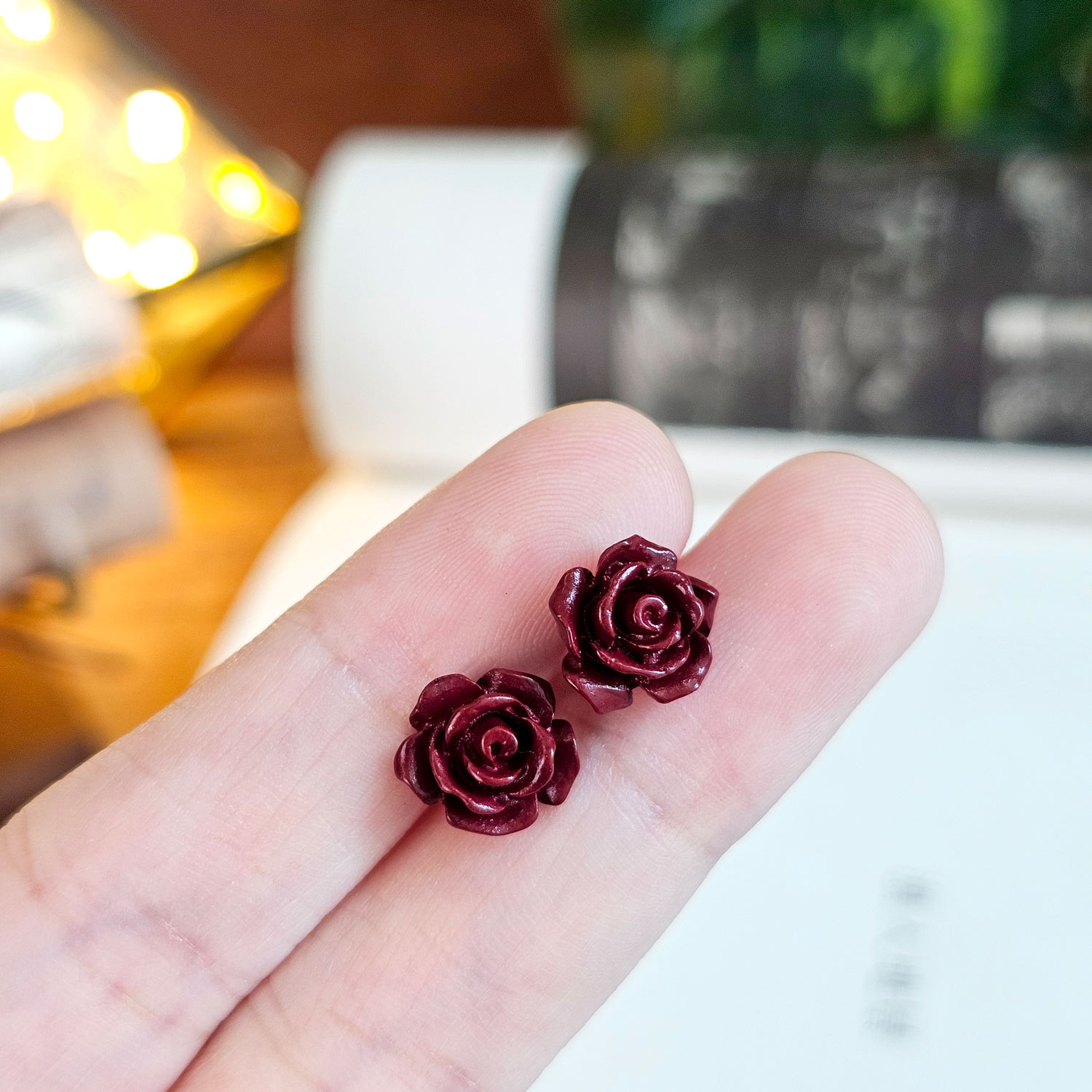 Purple Gold Cinnabar Rose Earrings
