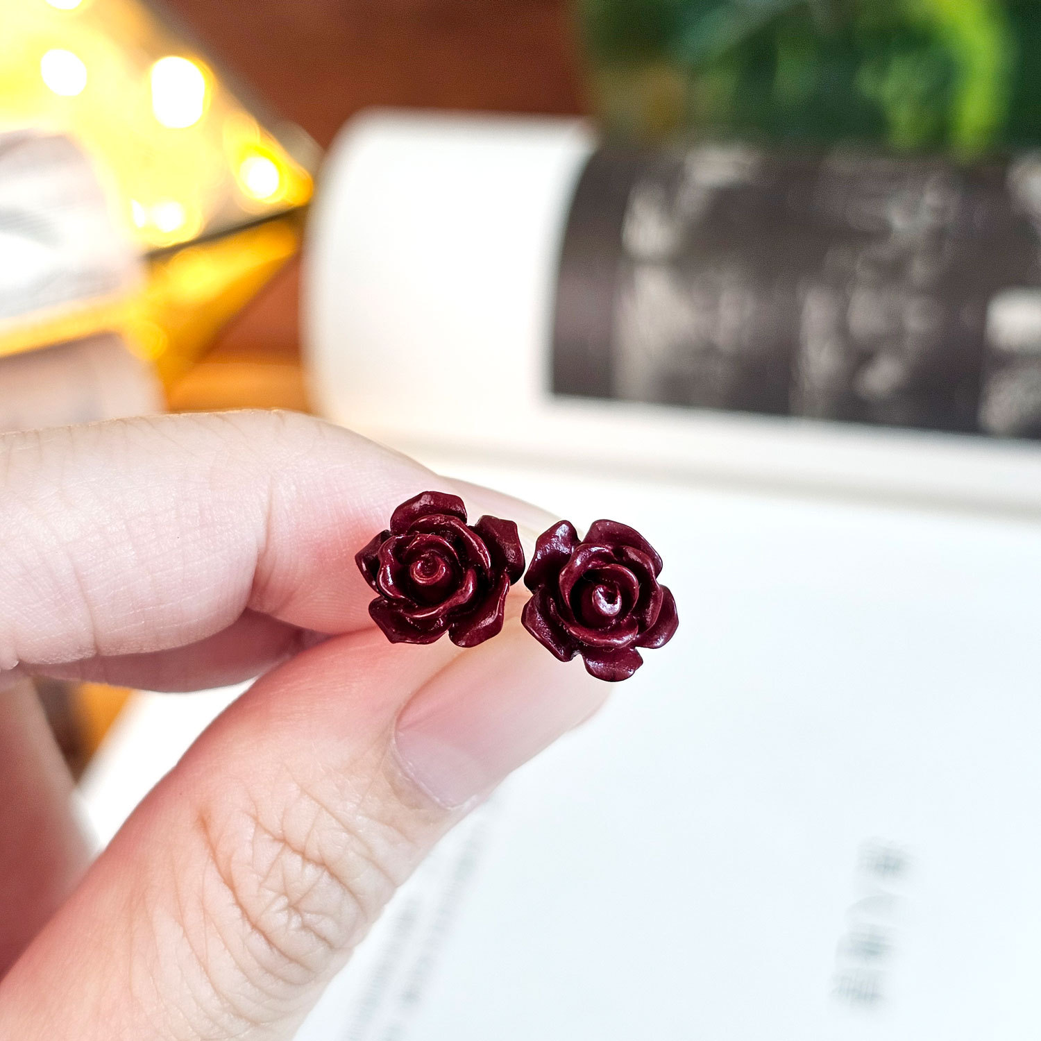 Purple Gold Cinnabar Rose Earrings