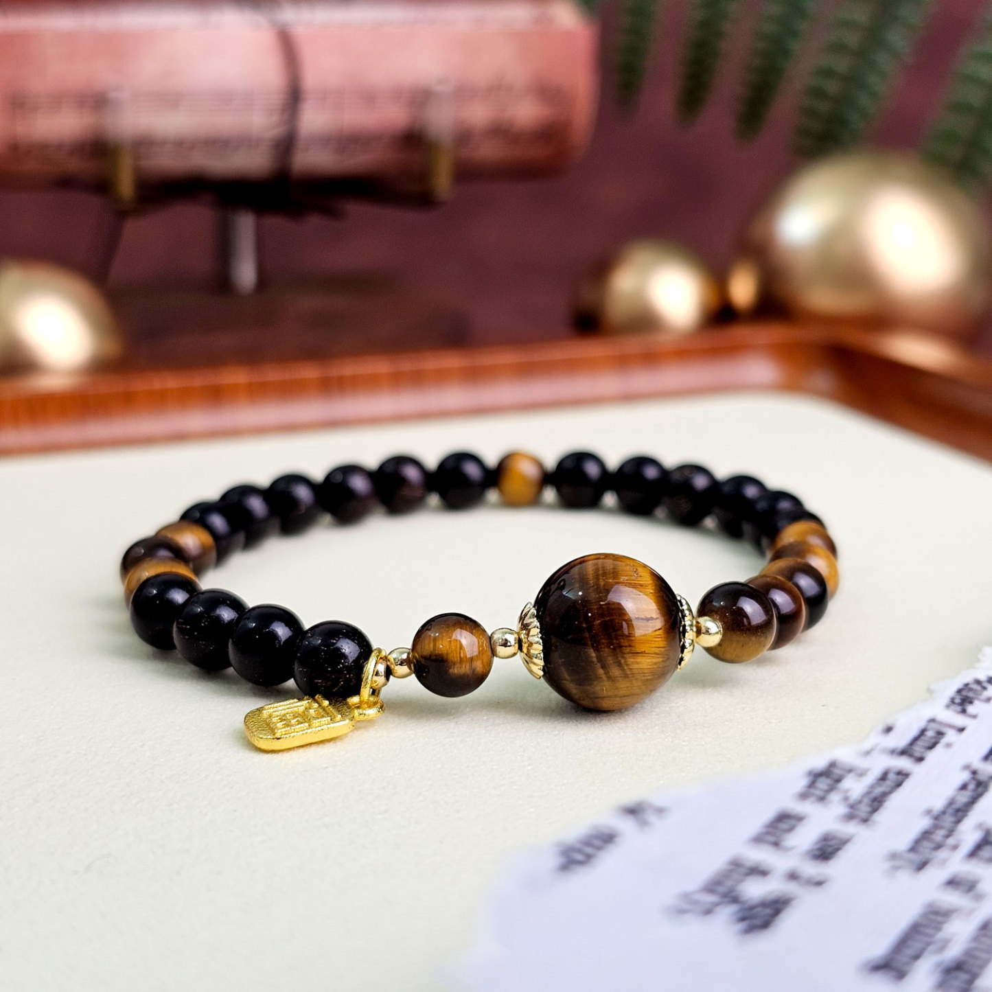 12 Jan - Tiger Eye with Ebony Wood Design Bracelet