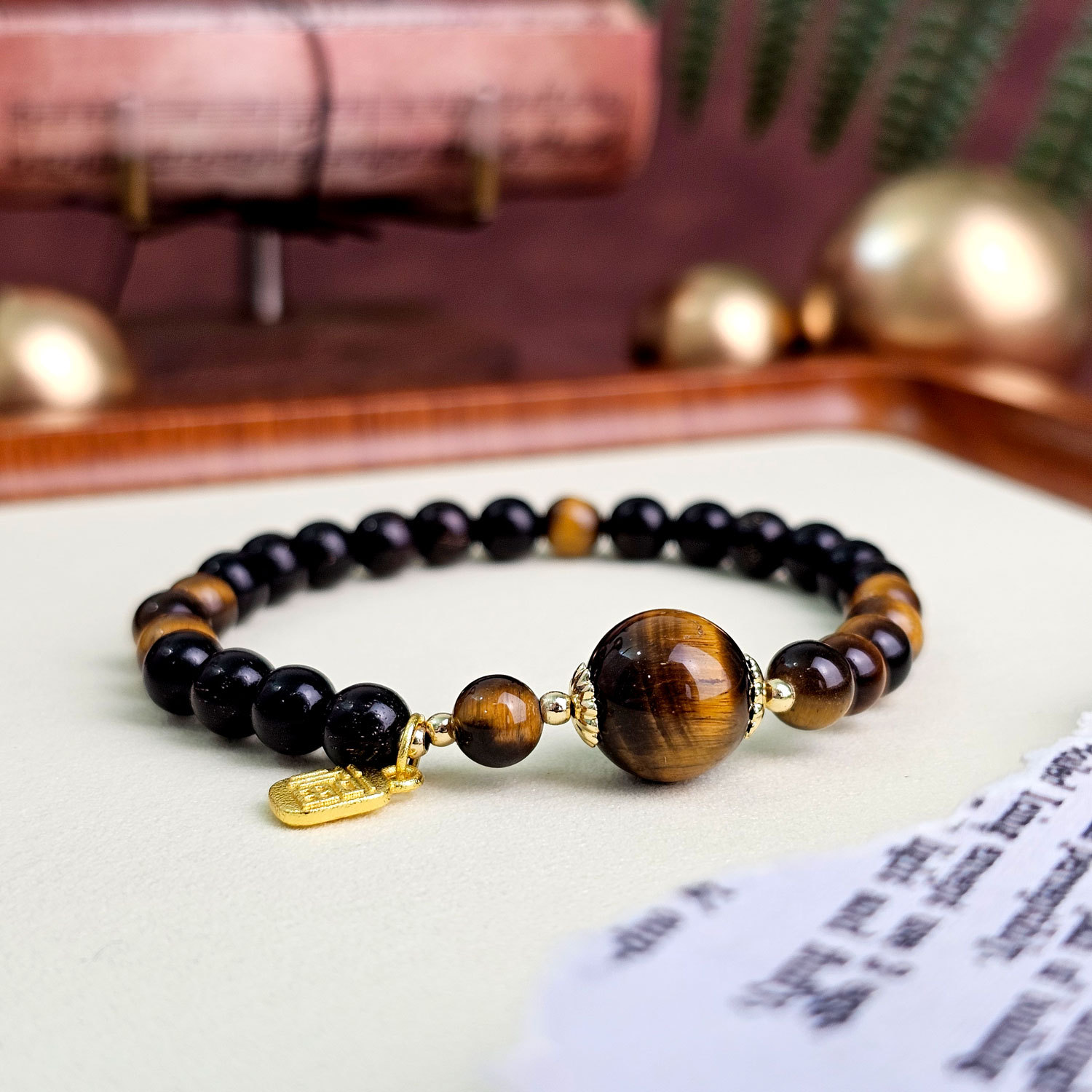 12 Jan - Tiger Eye with Ebony Wood Design Bracelet
