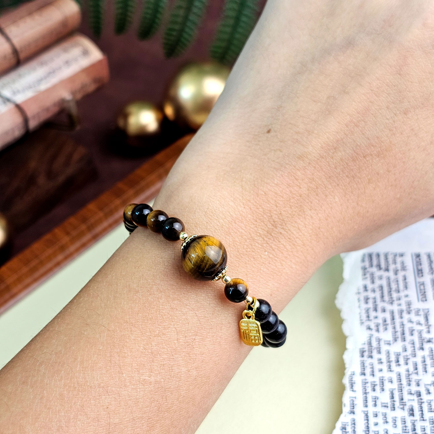 12 Jan - Tiger Eye with Ebony Wood Design Bracelet